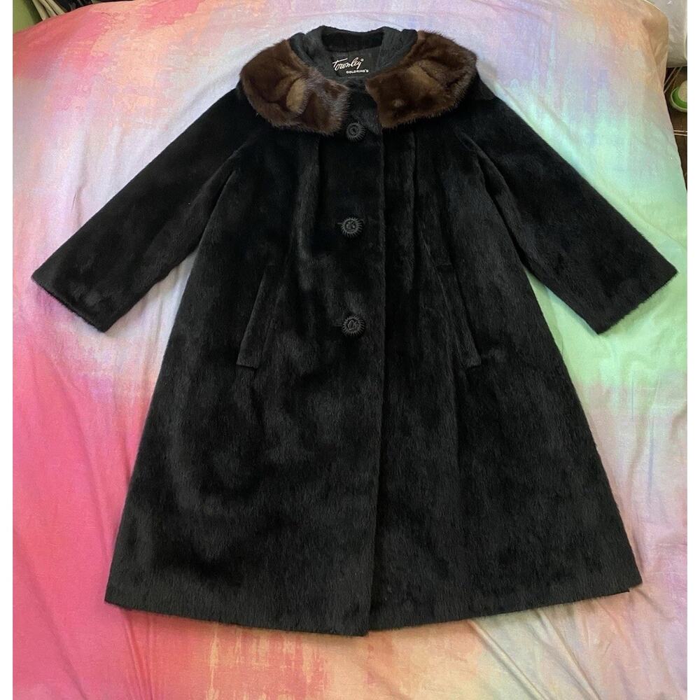 1950s 60s Black Mink Collar Fur Swing Coat Mad Men Mod Trapeze Women’s S M - Picture 2 of 11